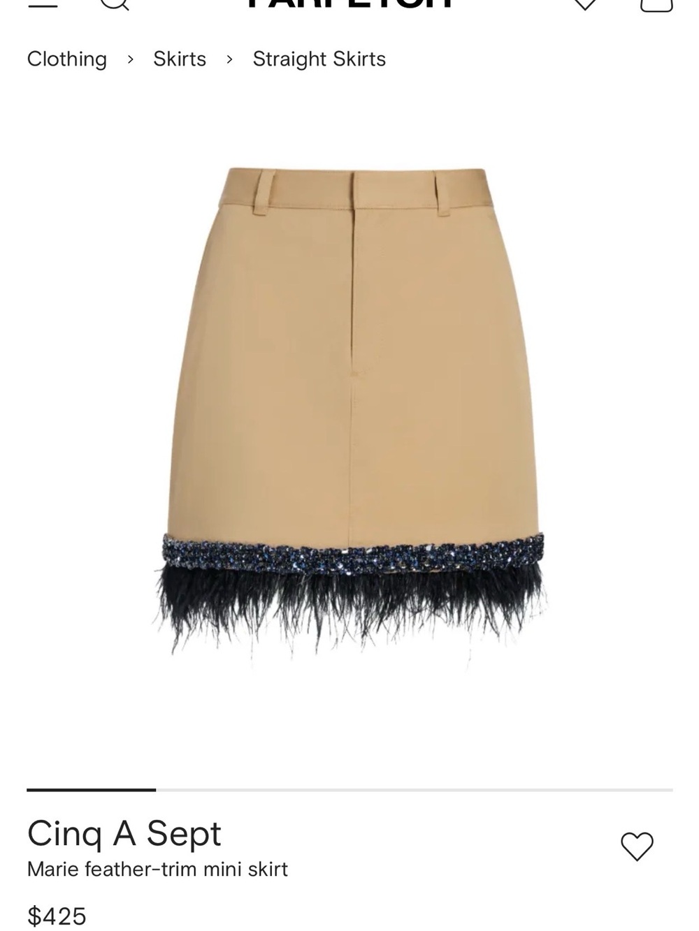 cinq a sept Beige Mini Skirt with Navy Sequin Band and Black Feather Trim